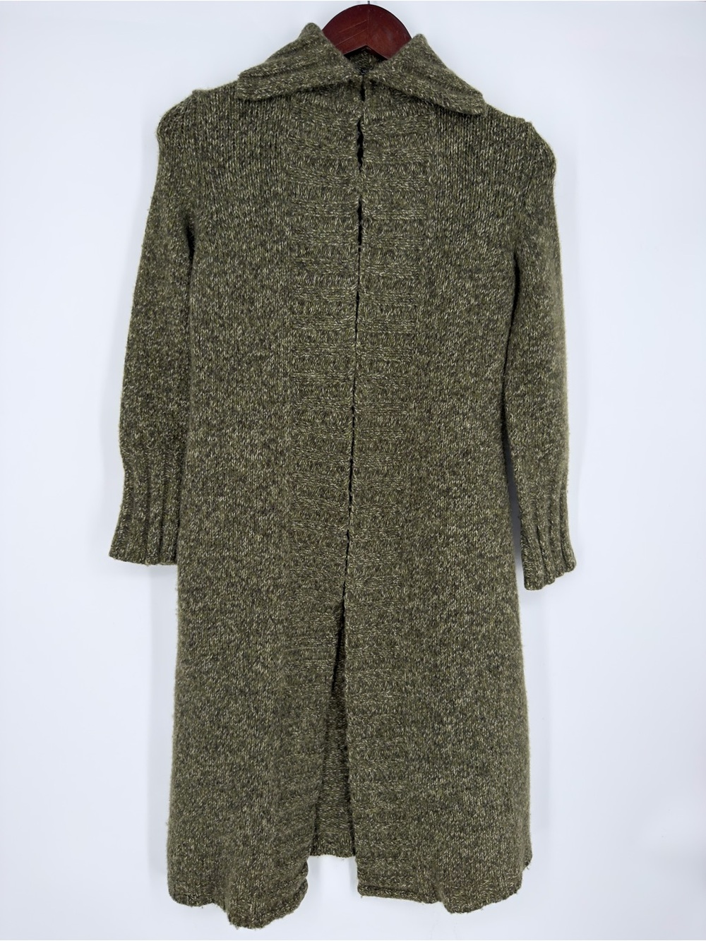 Vintage Express Merino Wool Blend Duster Cardigan Sweater S Olive Marled Knit - Picture 13 of 14